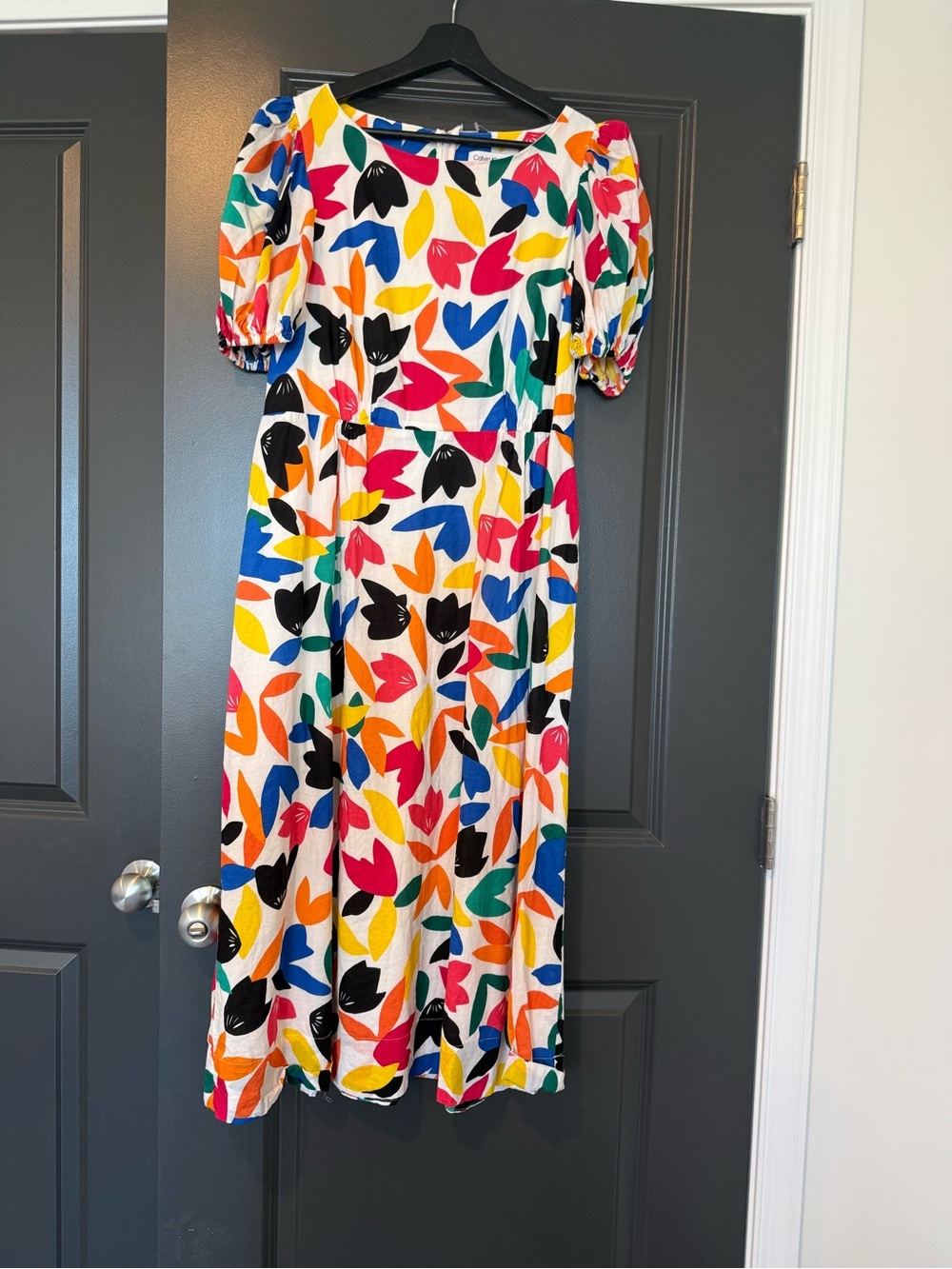 Calvin Klein White Midi Dress with Multicolor Leaf Print